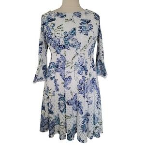 Rabbit Rabbit Rabbit Designs Blue White Floral Lace Bell Sleeve Dress Size 16